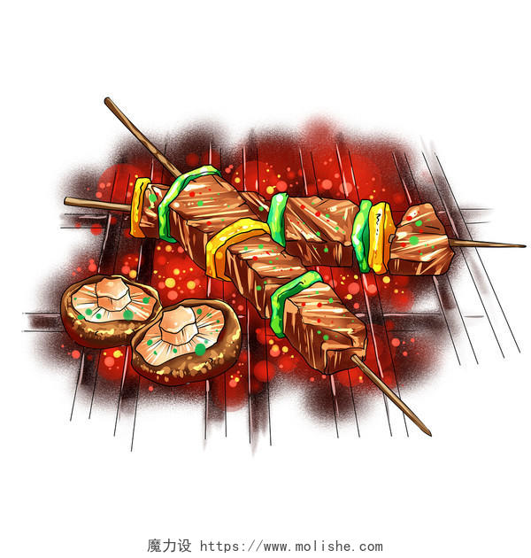地摊手绘卡通美食烧烤烤肉素材
